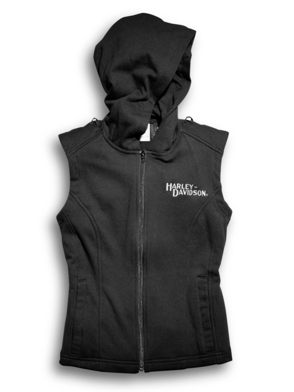Harley-Davidson women's black hooded sweatshirt vest with a full zip closure.